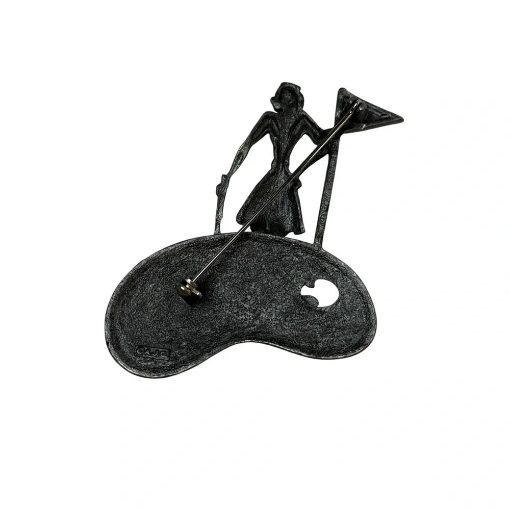Vintage Golf Brooch Pin Signed AJC Silver Tone Lady Golfer 2” Tall Hole In One 1